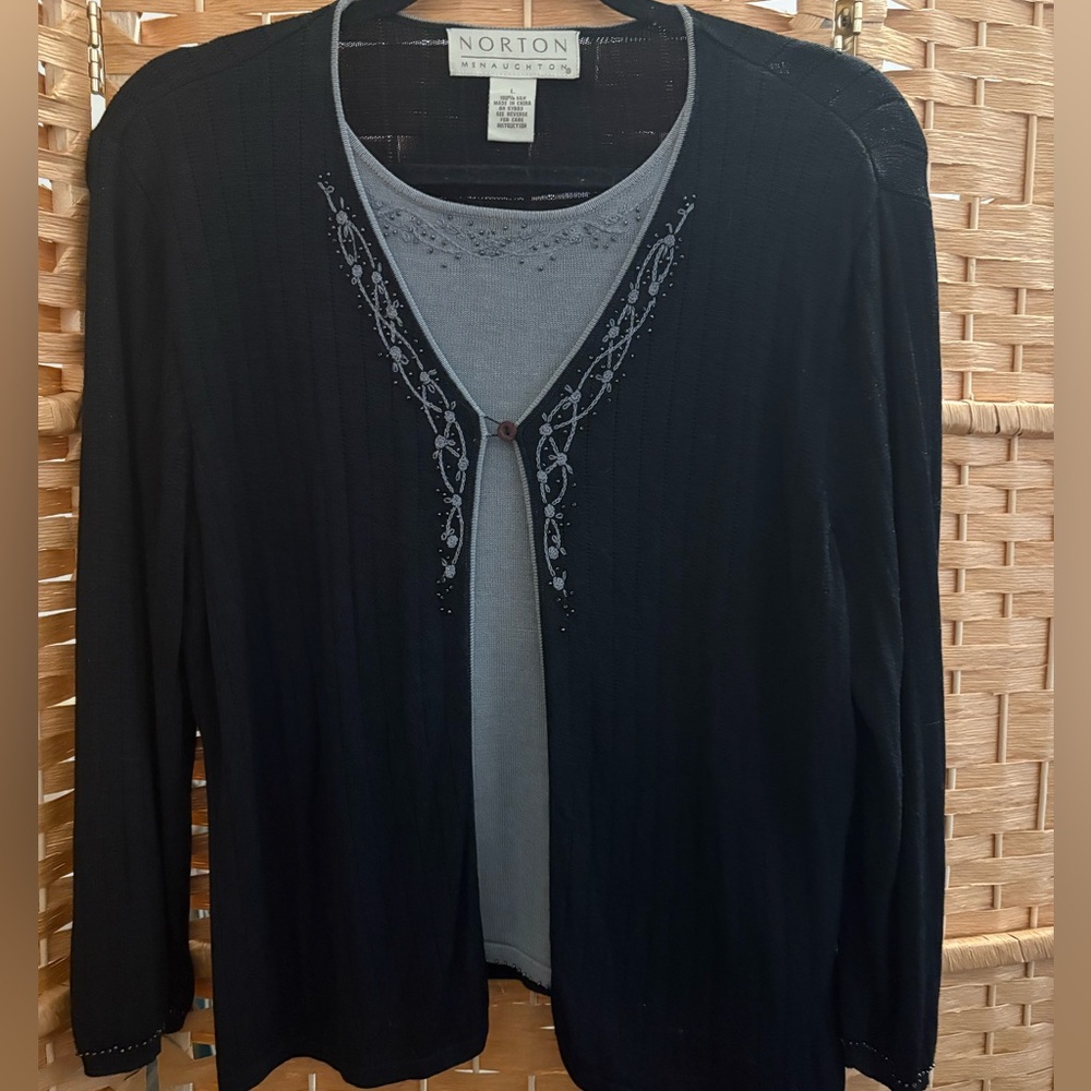 Vintage 1990s Norton McNaughton Black and Gray Embroidered Cardigan 100% silk